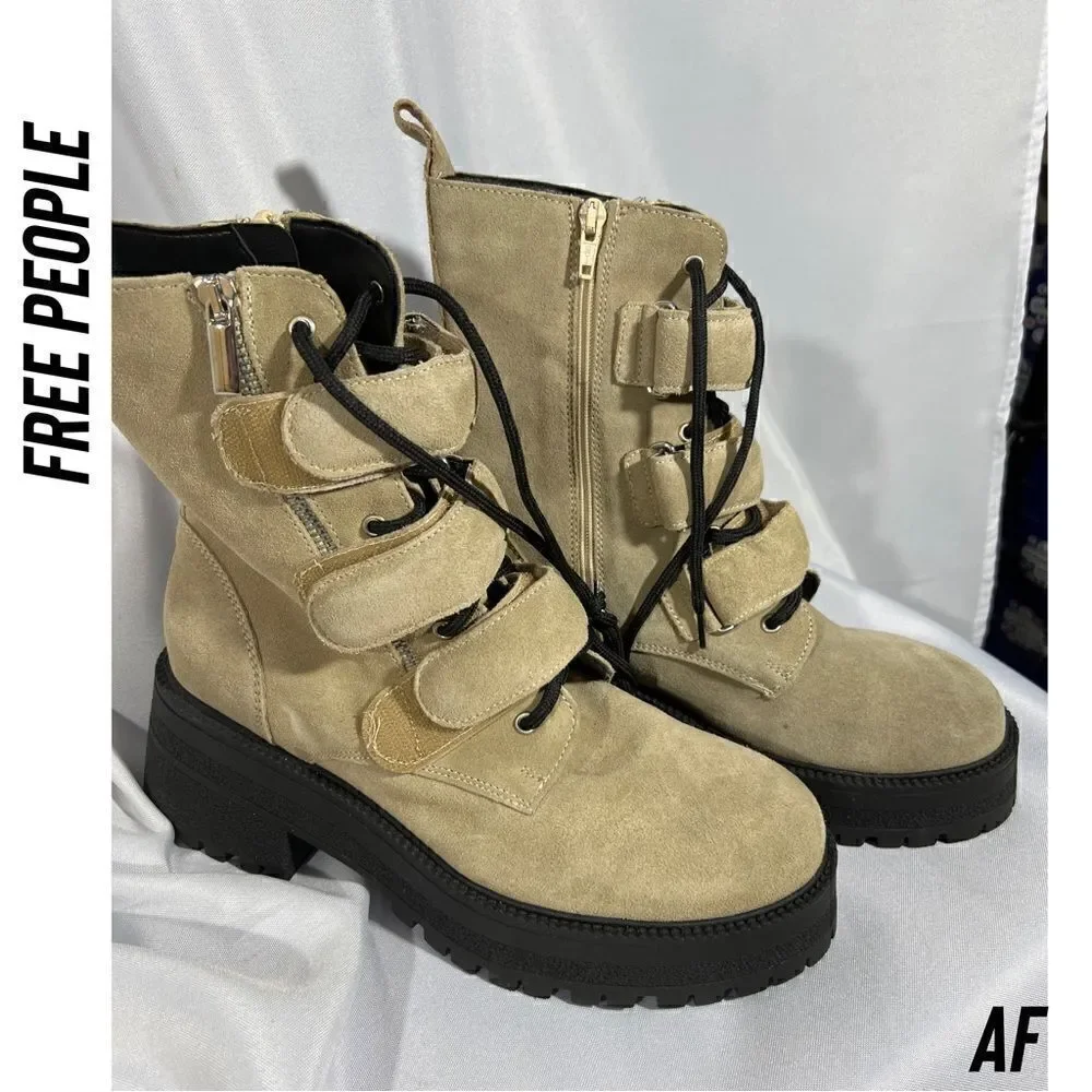 FREE PEOPLE EMMET STRAP ON BOOTS LATTE SUEDE NEW SIZE 40